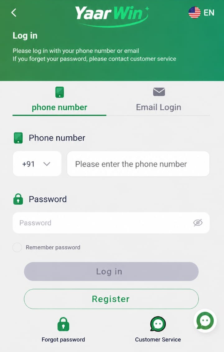 YaarWin login screen with phone number and password fields